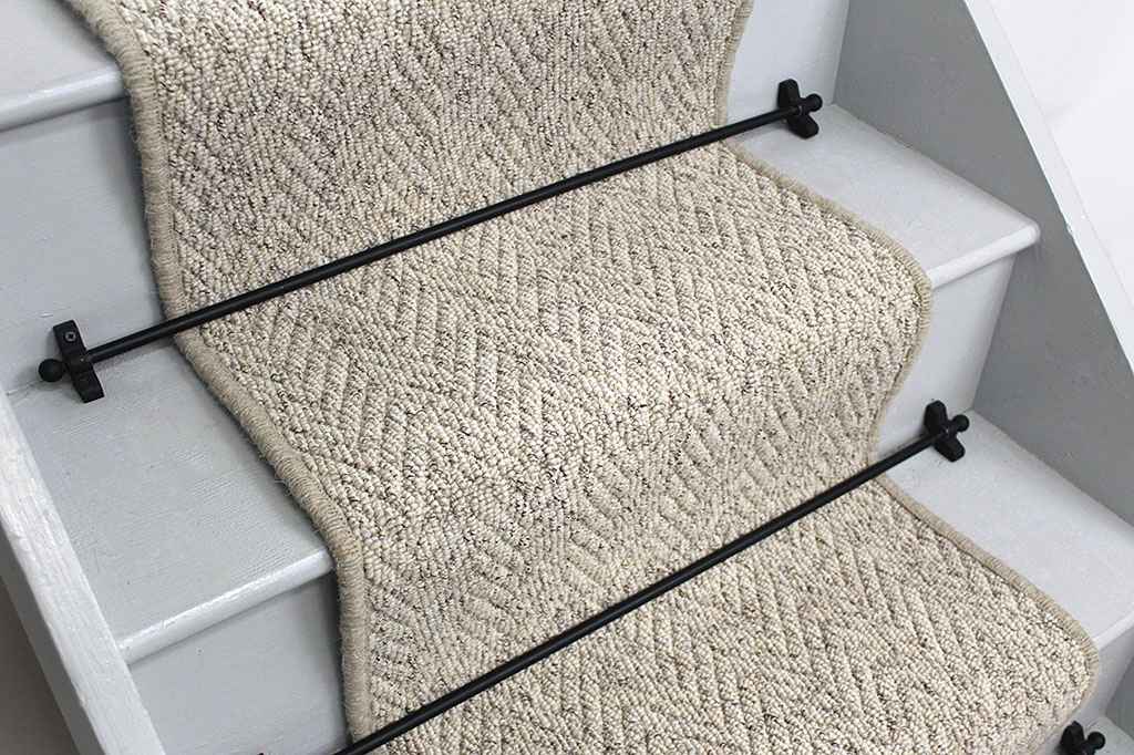 Country Herringbone Berber Stair Runner with Cream Wool Edge