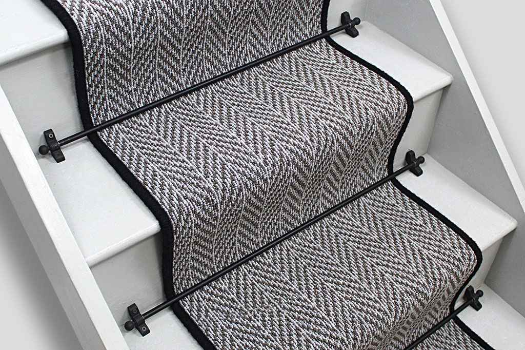 Dark Grey Briar Herringbone Stair Runner with Black Wool Edge 640cm x 40cm