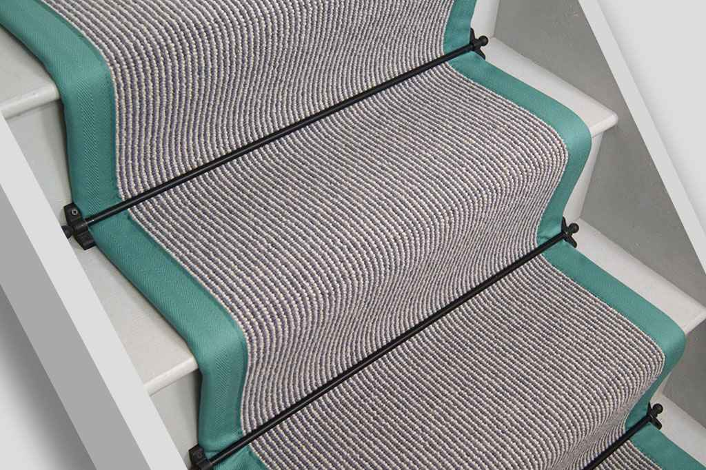 Country House Grey Shingle Striped Stair Runner with Teal Border 7m x 60cm