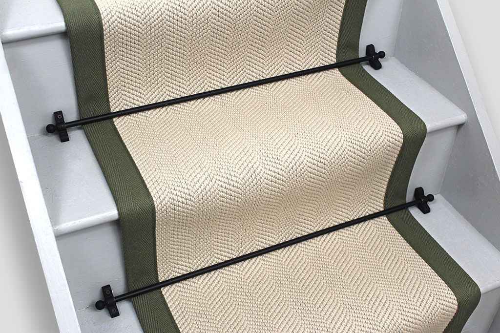 Fibre Flooring Longleat Wool Herringbone Stair Runner with Pickle Cotton Border 680cm x 53cm 