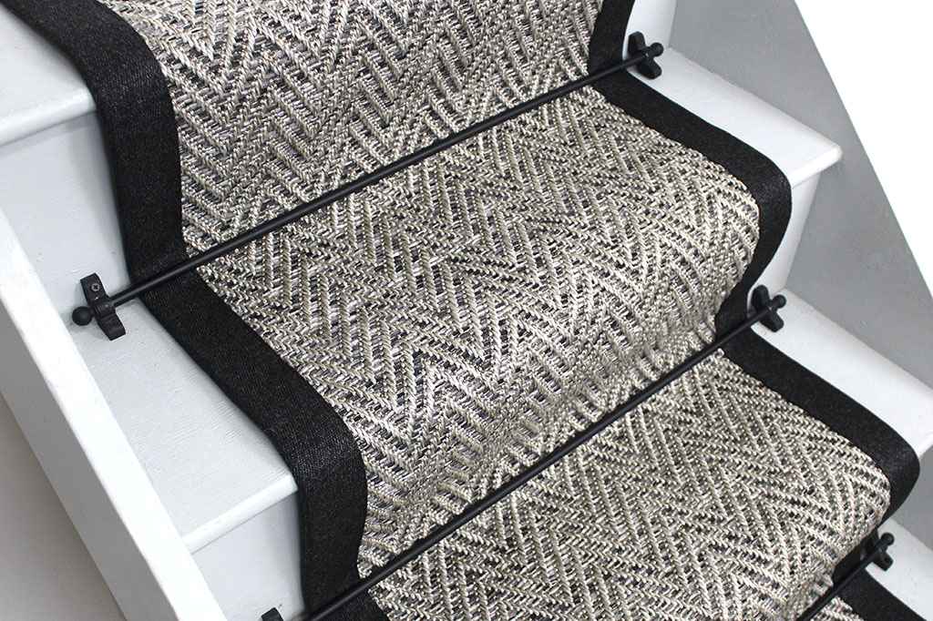 Nature Flatweave Herringbone Slate Stair Runner with Black Cotton Border 7m x 65cm