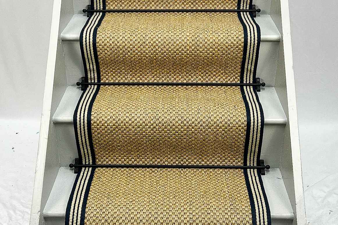 Oriental Natural Sisal Stair Runner with Navy Striped Border