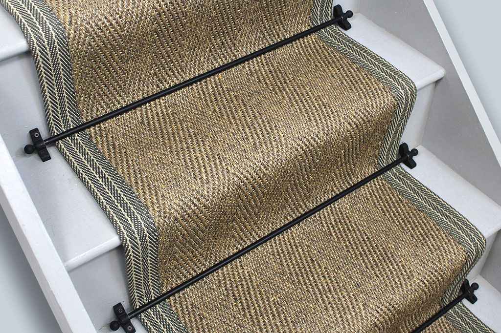 Herringbone Pewter Sisal Stair Runner with Grey Herringbone Border 7m x 57cm