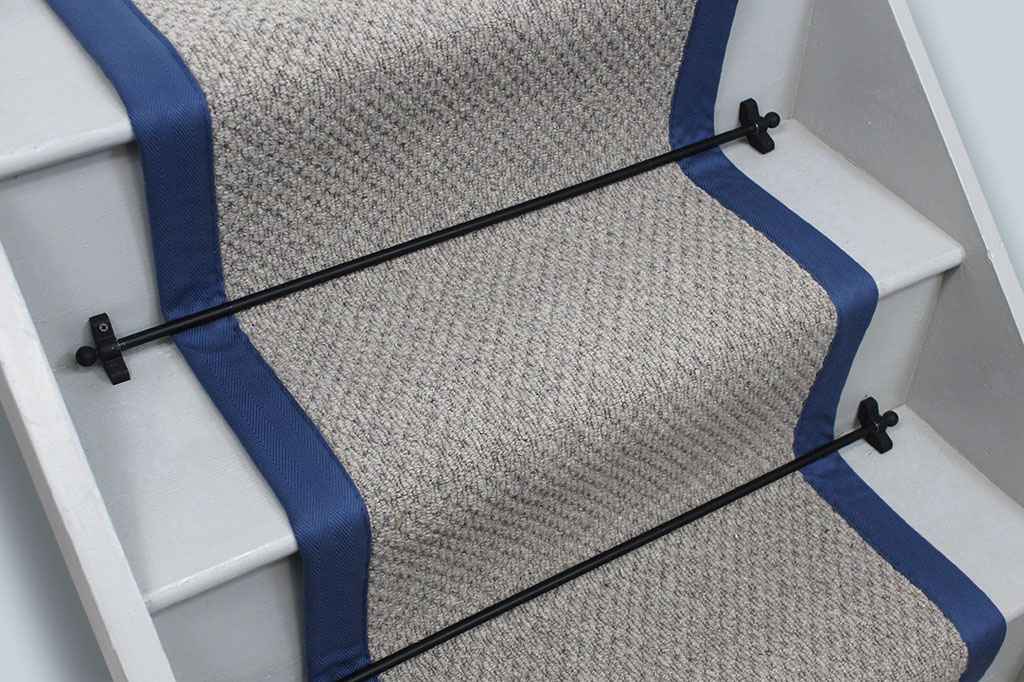 Storm Grey Small Boucle wool Stair Runner with Blue Border 650cm x 53cm