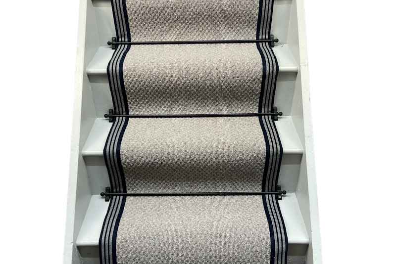 Storm Grey Small Boucle Wool Stair Runner with Lander Striped Border