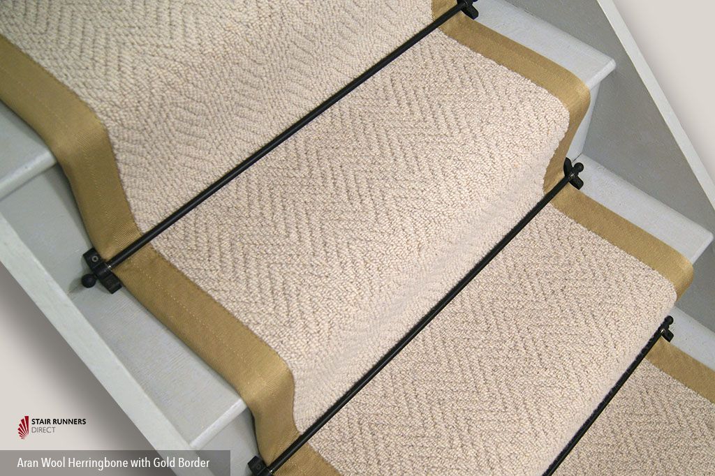 Aran Herringbone Wool Stair Runner with Gold Border 60cm x 7m