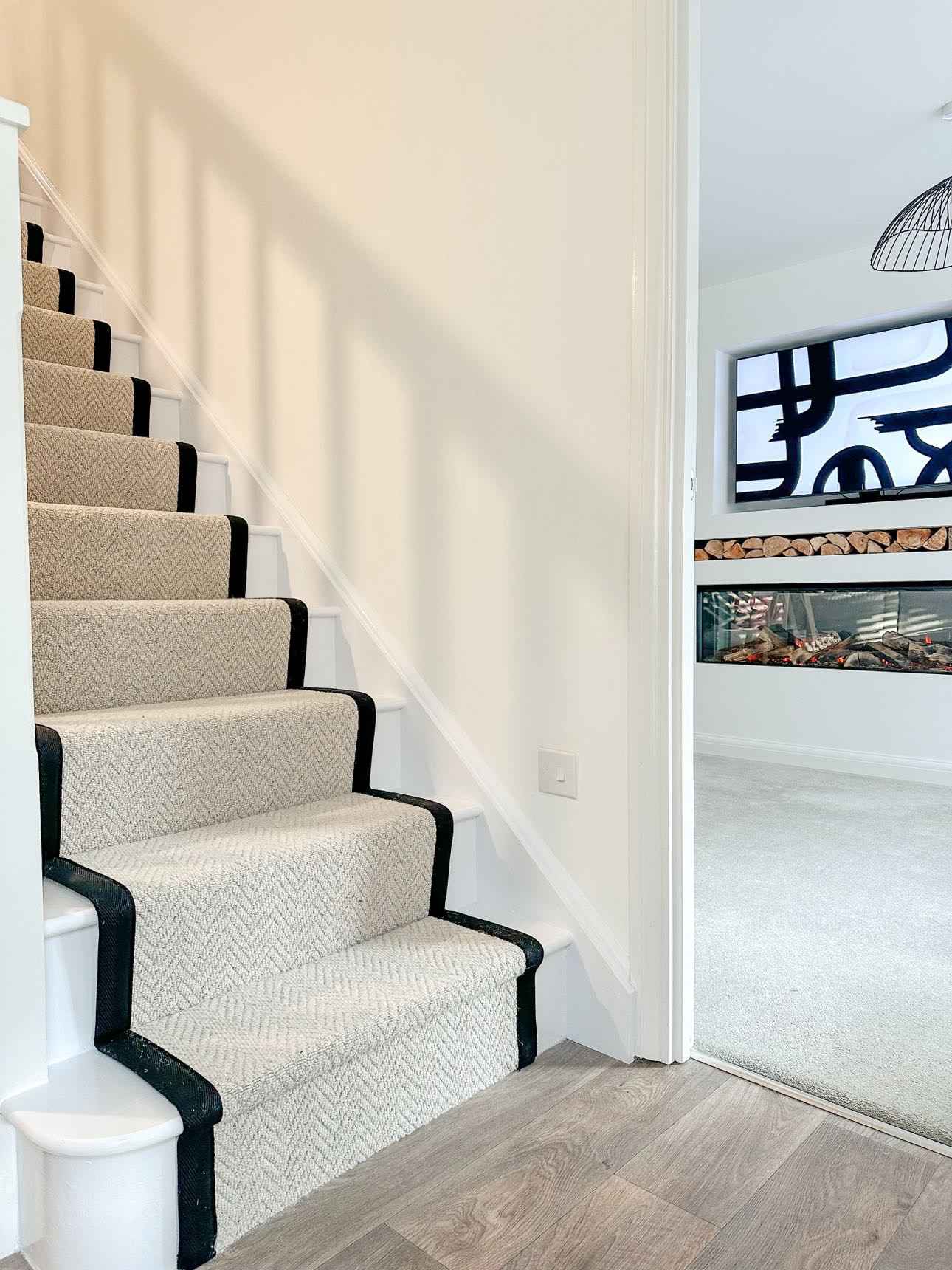 Aran Herringbone Wool Stair Runner with Black Cotton Border 7m
