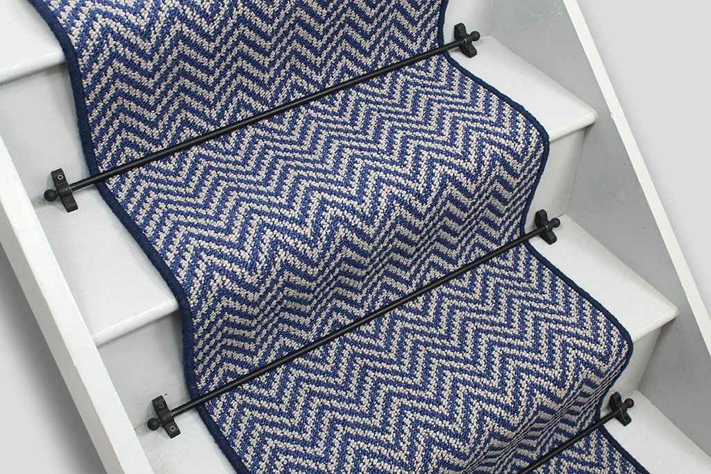 Atlantic Herringbone French Blue Stair Runner with Navy Wool Edge 7m x 57cm