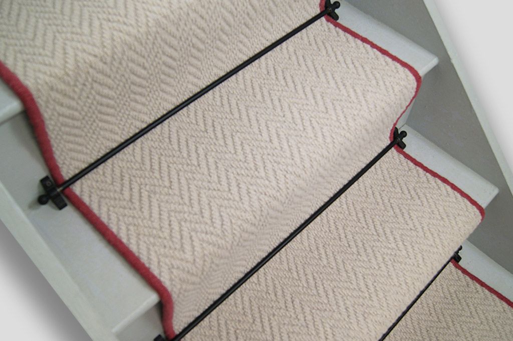 Beige Wool Herringbone Stair Runner with Pink Wool edge 60cm x 7m