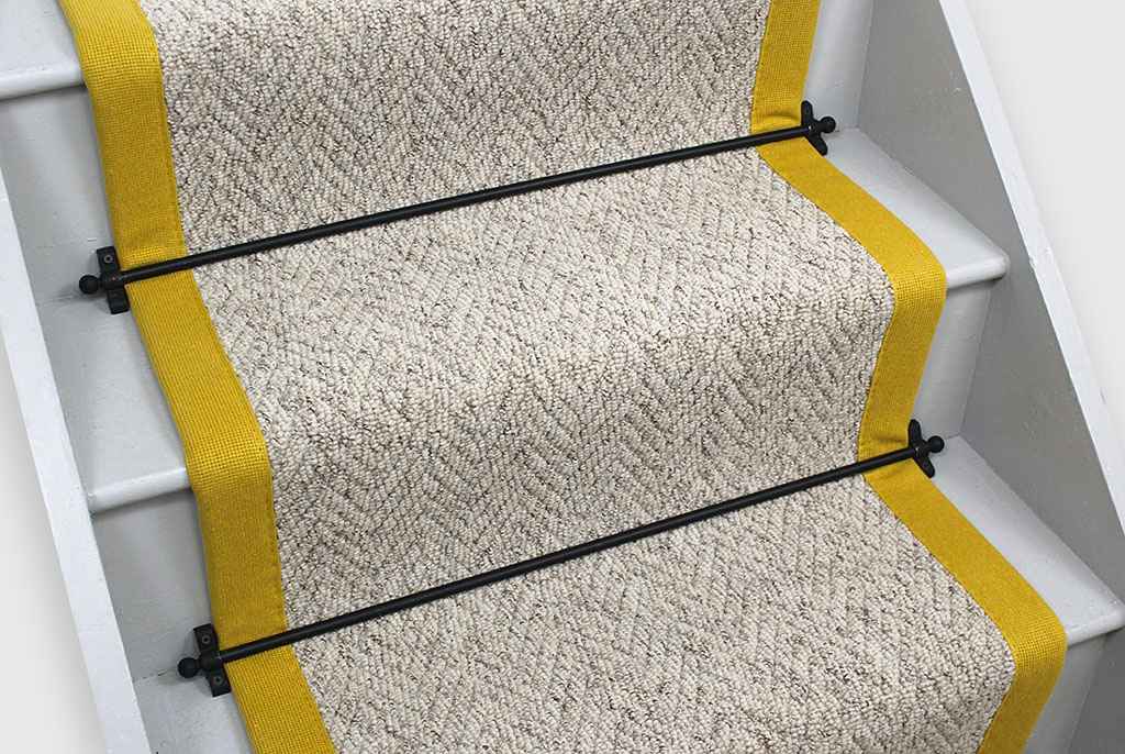 Country Herringbone Berber Stair Runner with Mustard Border