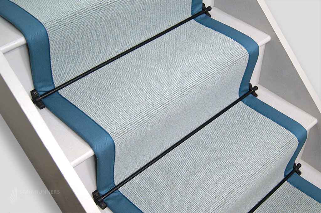Blue Mist Wool Boucle Stair Runner with Steel Blue Border 60 x 630 cm