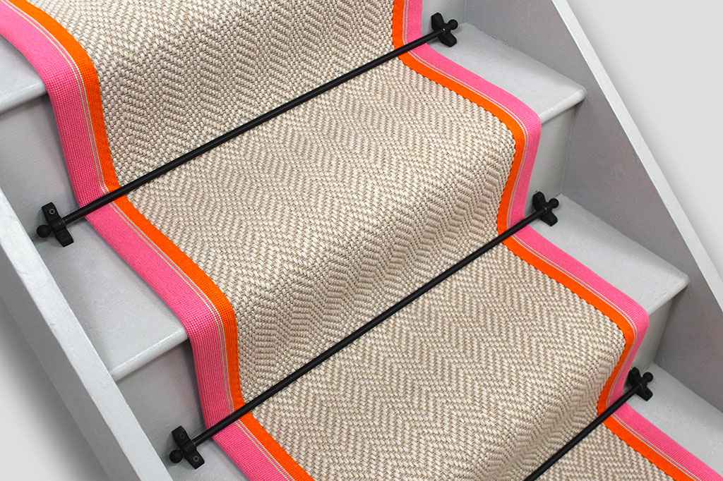 Fibre Flooring Chalk Herringbone Stair Runner with Seymour Striped Border