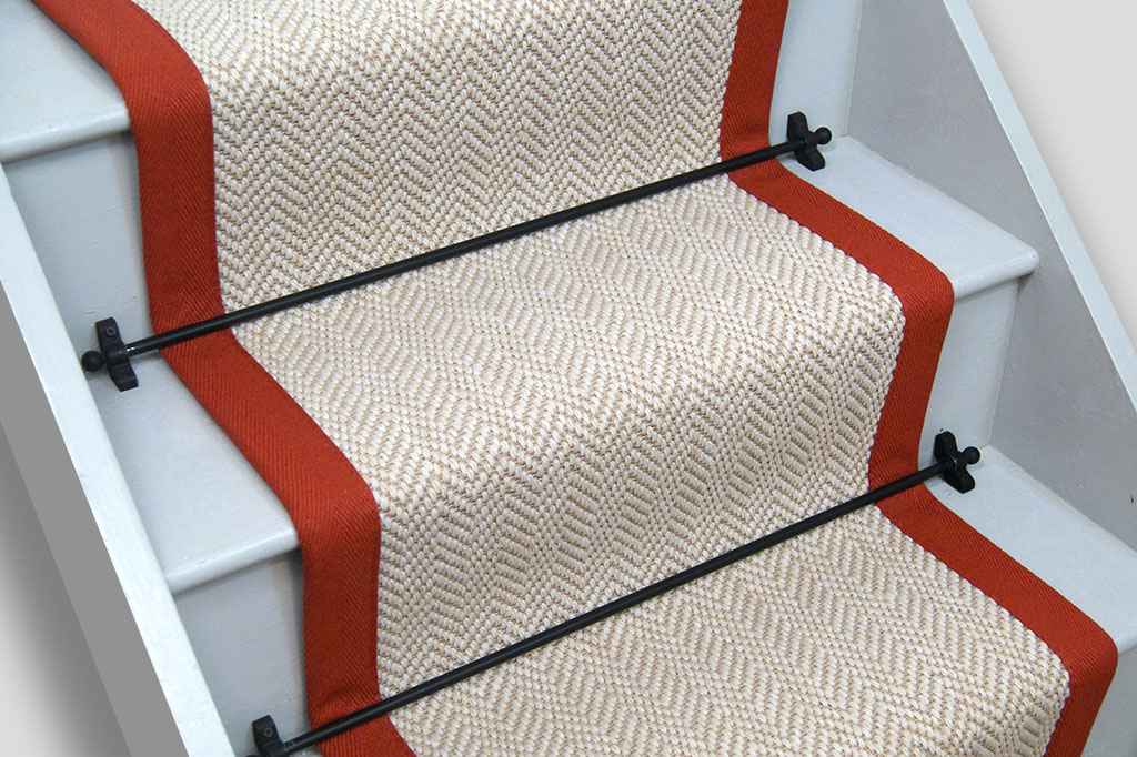 Fibre Flooring Chalk Herringbone Stair Runner with Burnt Orange Border 550cm x 46cm