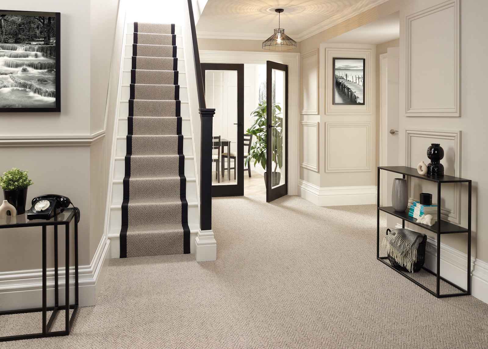 Country Herringbone Biscotti Stair Runner With Black Border
