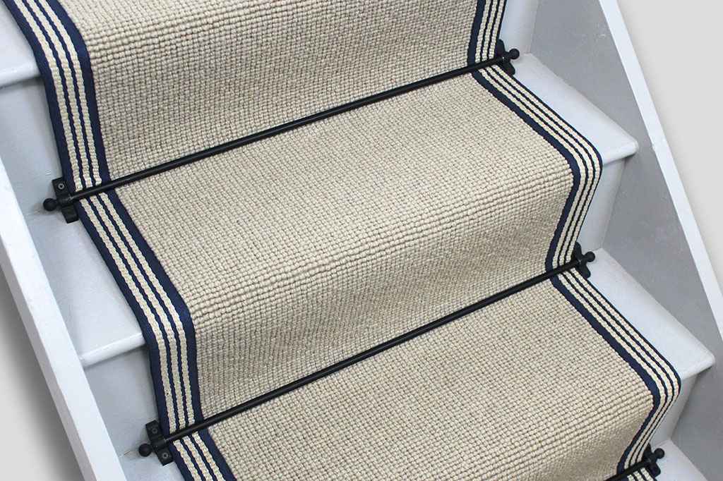 Charter Plain Loop Earl Stair Runner with Navy Striped Border 7m x 60cm