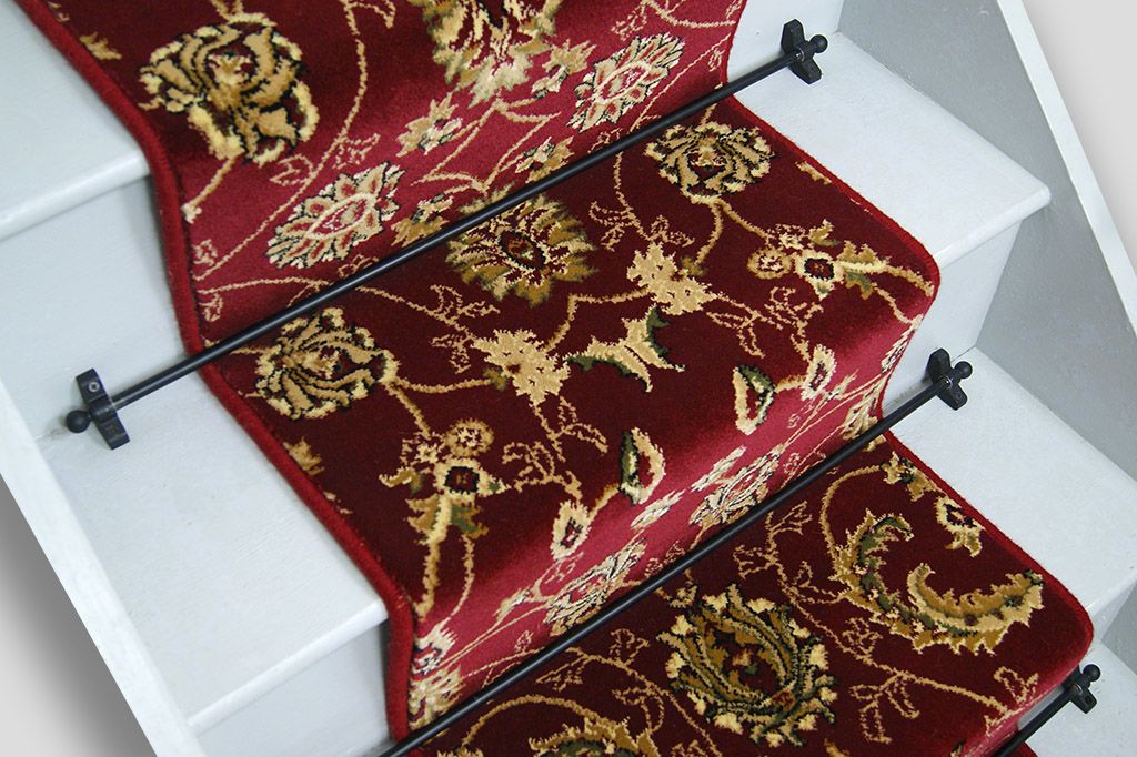 Floral Red Traditional Twist Pile Stair Runner with Dark Red Wool Edge 48cm x 550cm