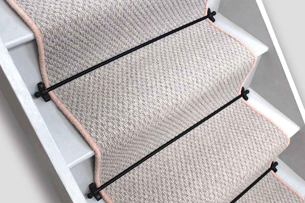 French Grey Wool Boucle Stair Runner with Pale Pink Wool edge 9m x 50cm