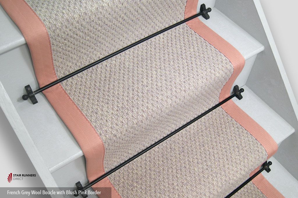 French Grey Wool Boucle Stair Runner with Blush Pink Border 56cm x 7m