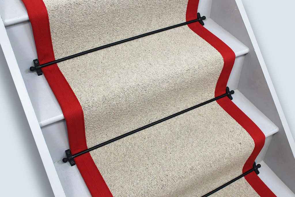 Glen Loop Wool Coir Stair runner with Post Box Red Border 7m