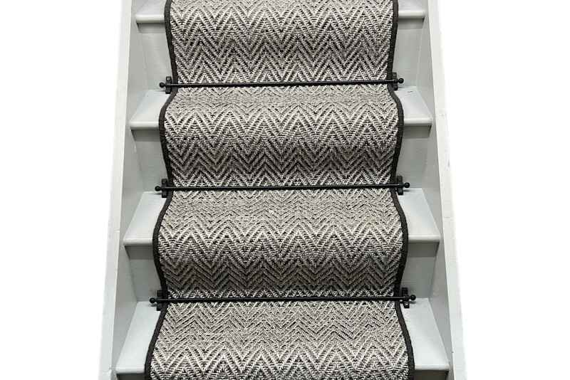 Nature Flatweave Herringbone Slate Stair Runner with Charcoal Wool Edge