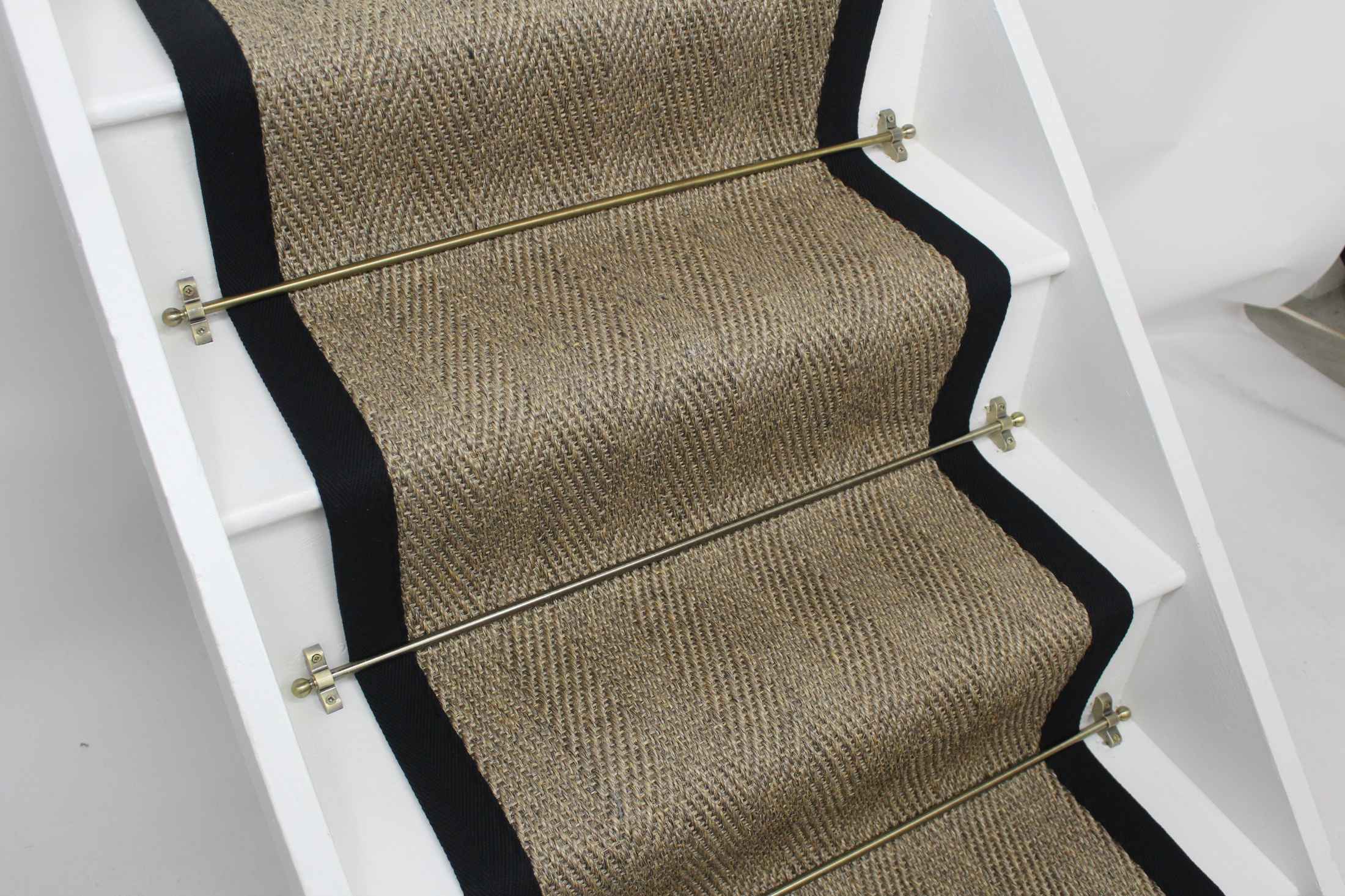 Herringbone Pewter Sisal Stair Runner with Black Cotton Border