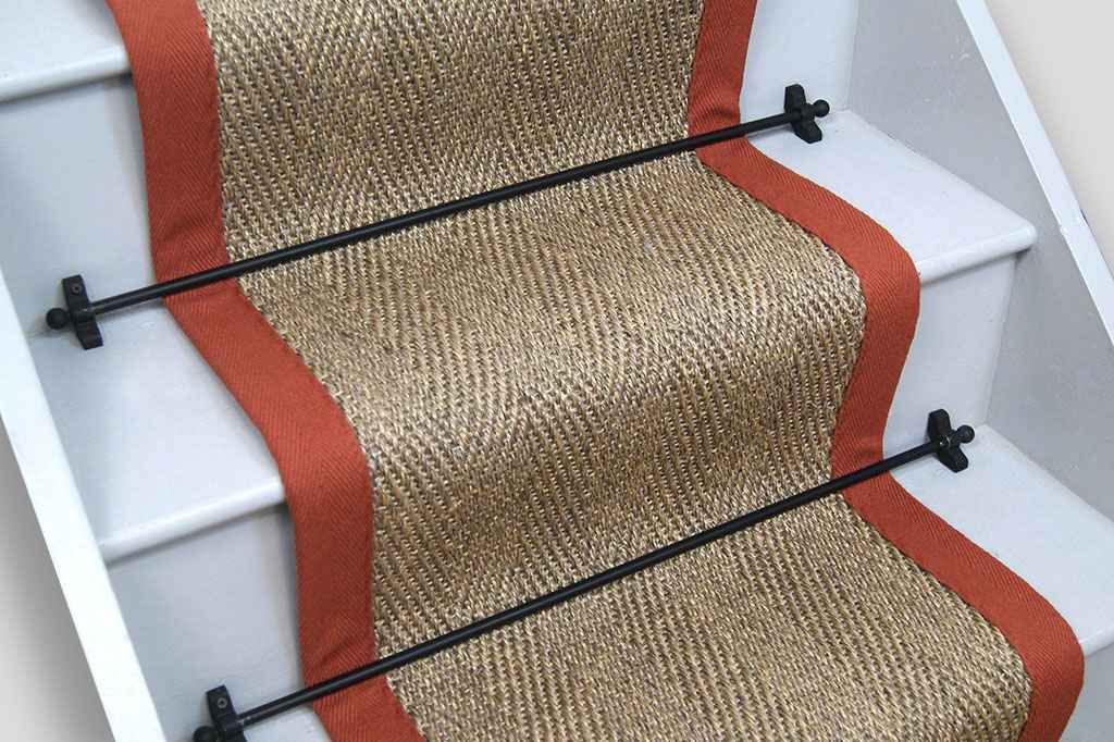 Herringbone Pewter Sisal Stair Runner with Burnt Orange Cotton Border 580cm x 65cm