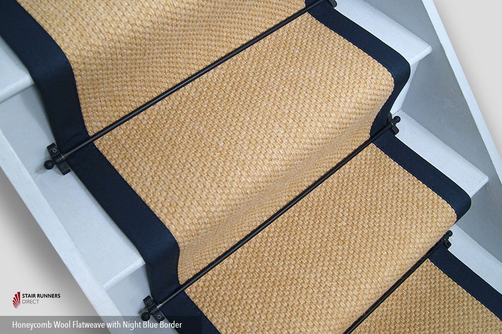 Honeycomb Wool Flatweave Stair Runner with Night Blue Border 60cm x 7m