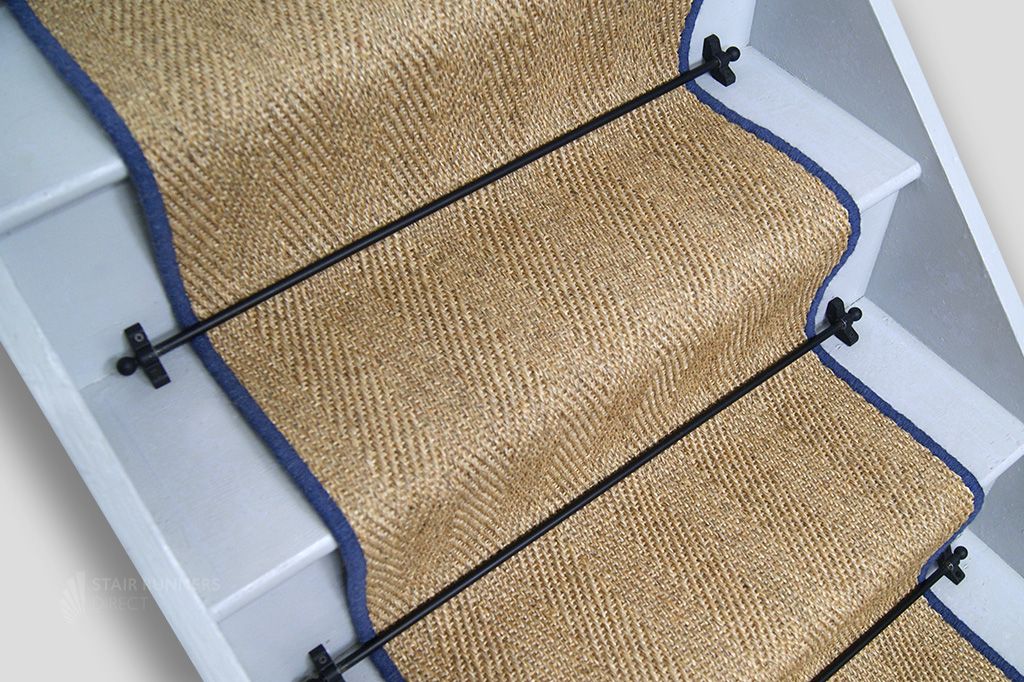 Honey Herringbone Sisal Stair Runner with Blue Wool Edge 7m x 55cm