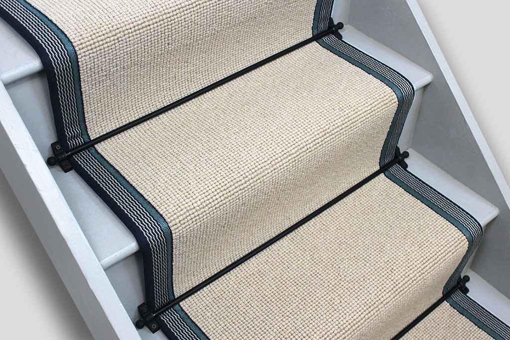 Charter Plain Loop Knight Stair Runner with Teal Striped Border 7m x 60cm