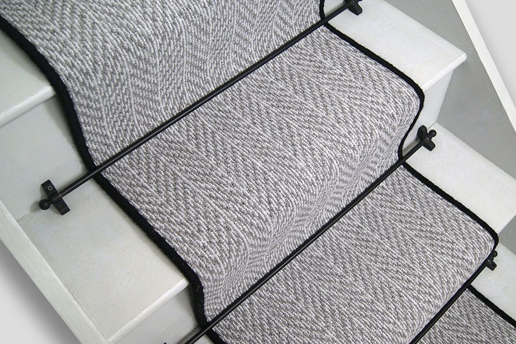 Light Grey Briar Herringbone Stair Runner with Black Wool Edge 49cm x 720cm