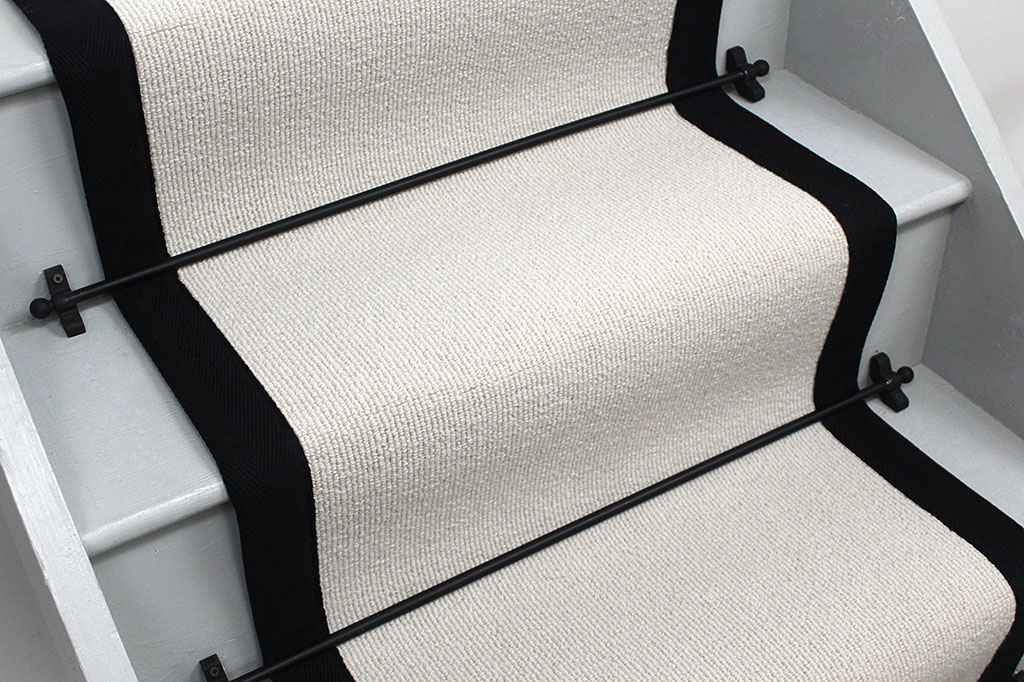 Natural Rib Pearl Hessian Wool Stair Runner with Black Border