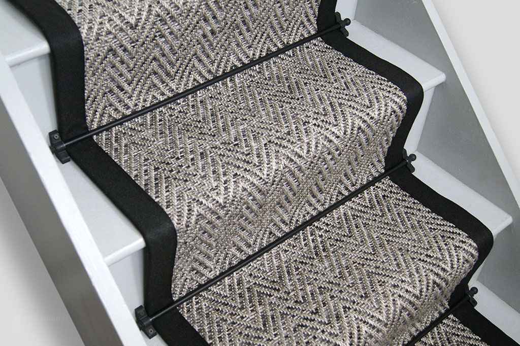 Nature Flatweave Herringbone Slate Stair Runner with Black Cotton Border 7m x 65cm