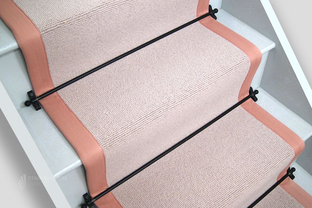 Oyster Rib Wool Stair Runner with Blush Pink Border 7m x 60cm