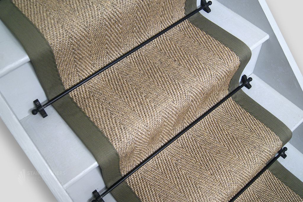 Pewter Herringbone Sisal Stair Runner with Army Green Border 7m x 43cm
