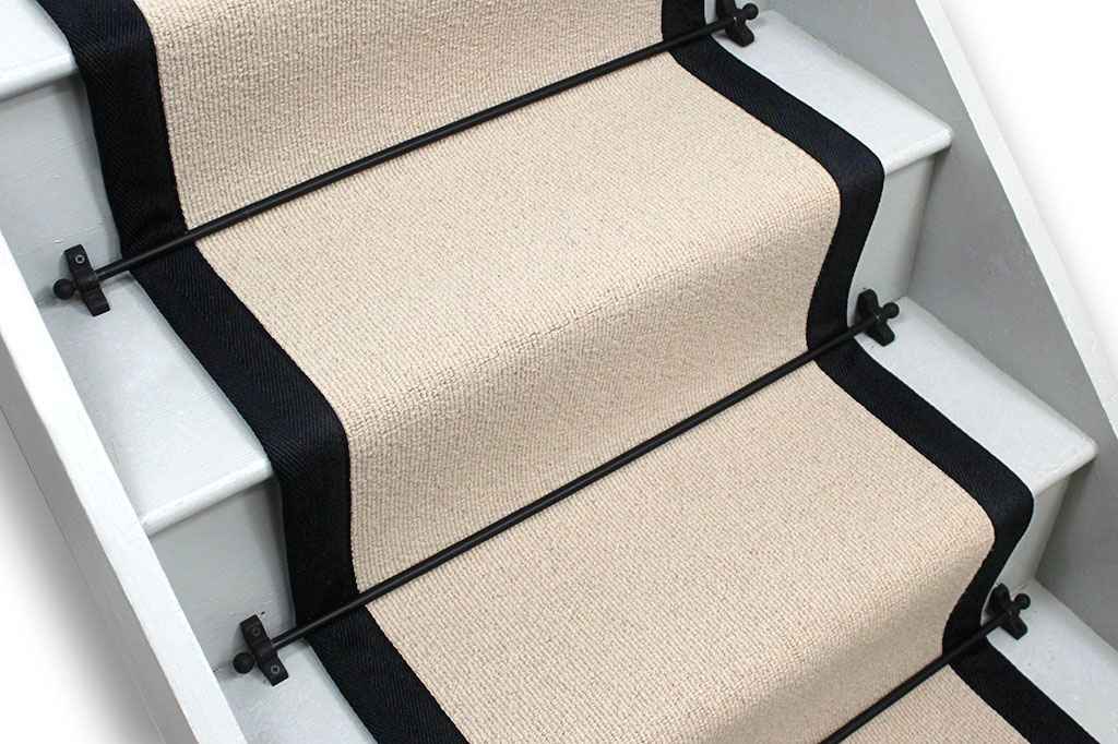 Natural Rib Shell Hessian Wool Stair Runner with Black Cotton Border 7m x 60cm