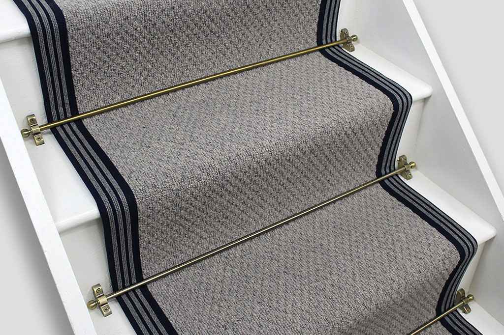 Storm Grey Small Boucle Wool Stair Runner with Lander Striped Border