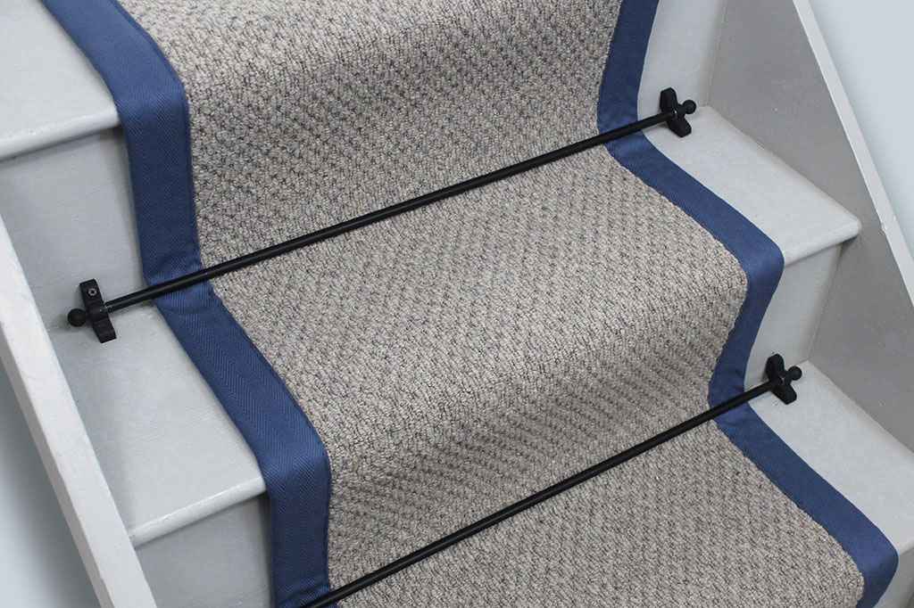 Storm Grey Small Boucle wool Stair Runner with Ocean Blue Border 650cm x 53cm