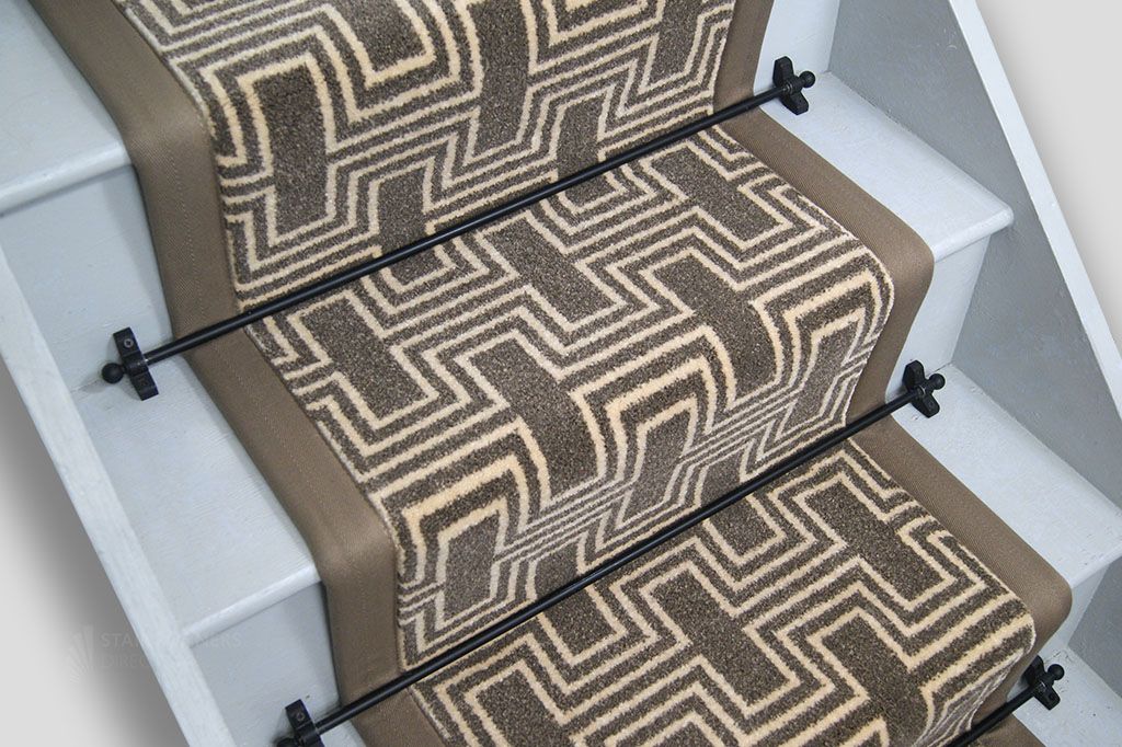 Taupe Geometric Stair Runner with Chestnut Border 55cm x 680cm